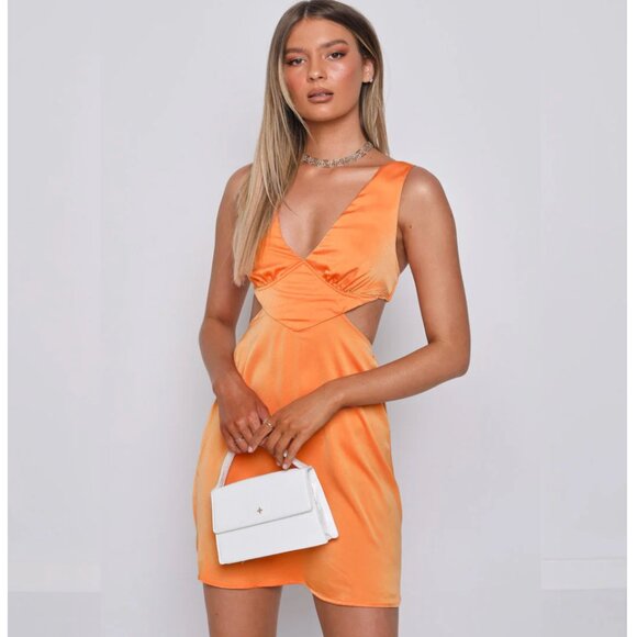 Beginning Boutique Vargas Orange Satin Cut Out Mini Dress, US 2 AU 6 NWT - Picture 1 of 10